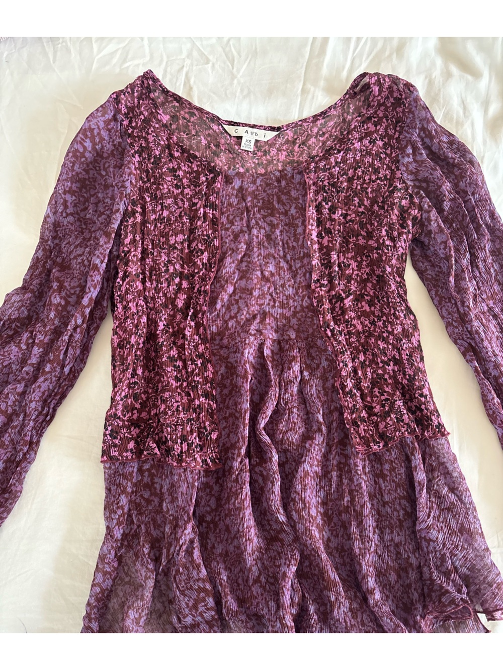 CAbi Purple Floral Smocked Long-Sleeve Tunic Boho XS